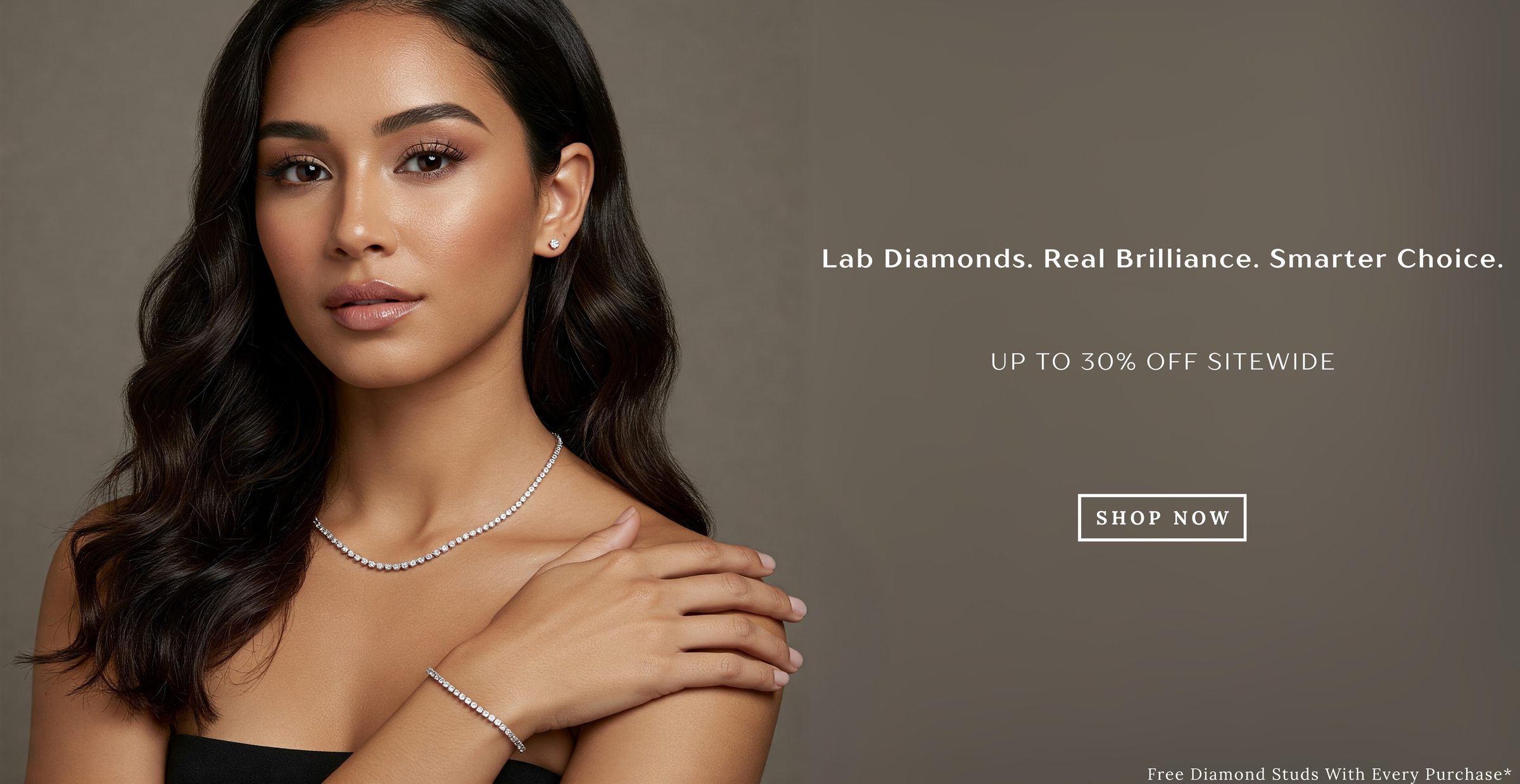 Woman wearing a necklace with promotional text about lab diamonds on a gray background