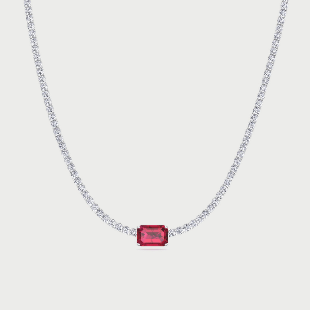 (12CT T.W.) Single Stone Red Ruby Lab Diamond Tennis Necklace 14K Solid Gold