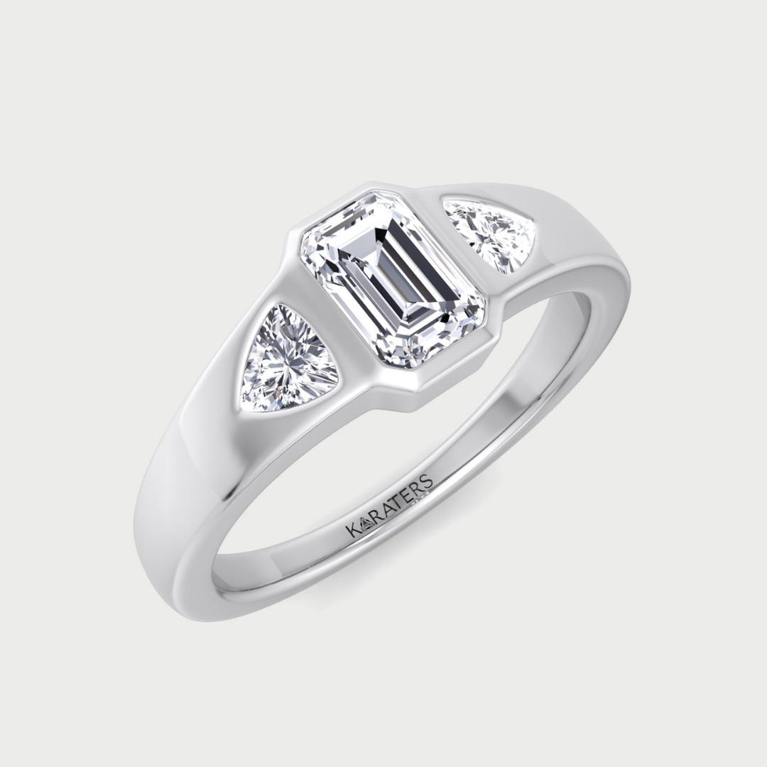 Bezel Set Emerald Lab Grown Diamond with Trillion Sidestones Engagement Ring 14K 18K Platinum
