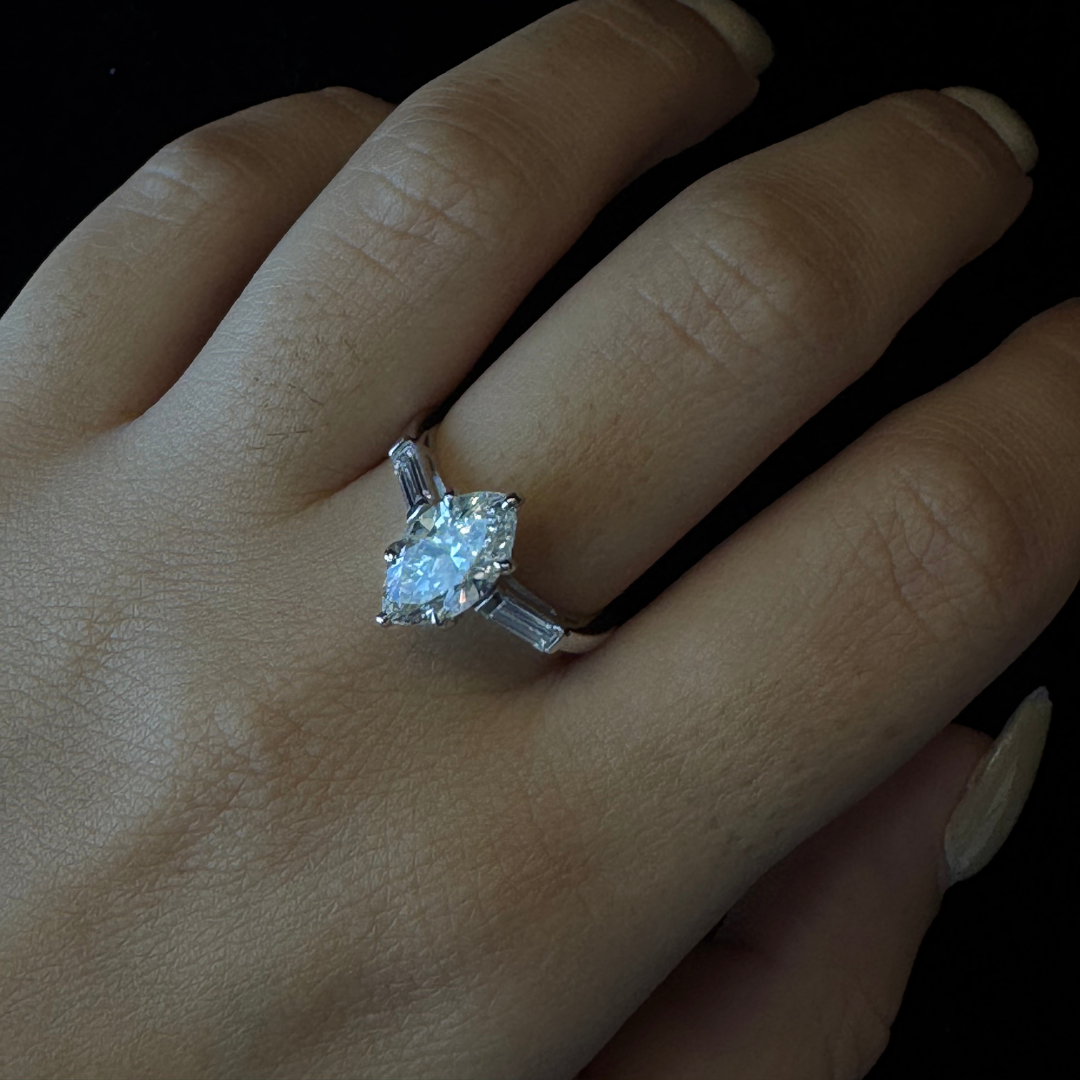 Marquise Shape Lab Grown Diamond Engagement Ring With Baguette SideStones