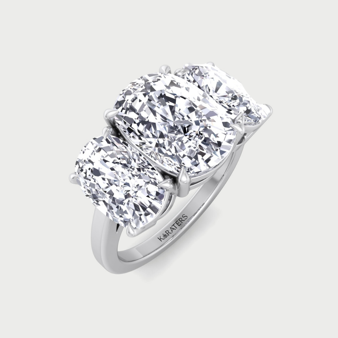 3 Stone Elongated Cushion Cut Lab Grown Diamond Engagement Ring Platinum