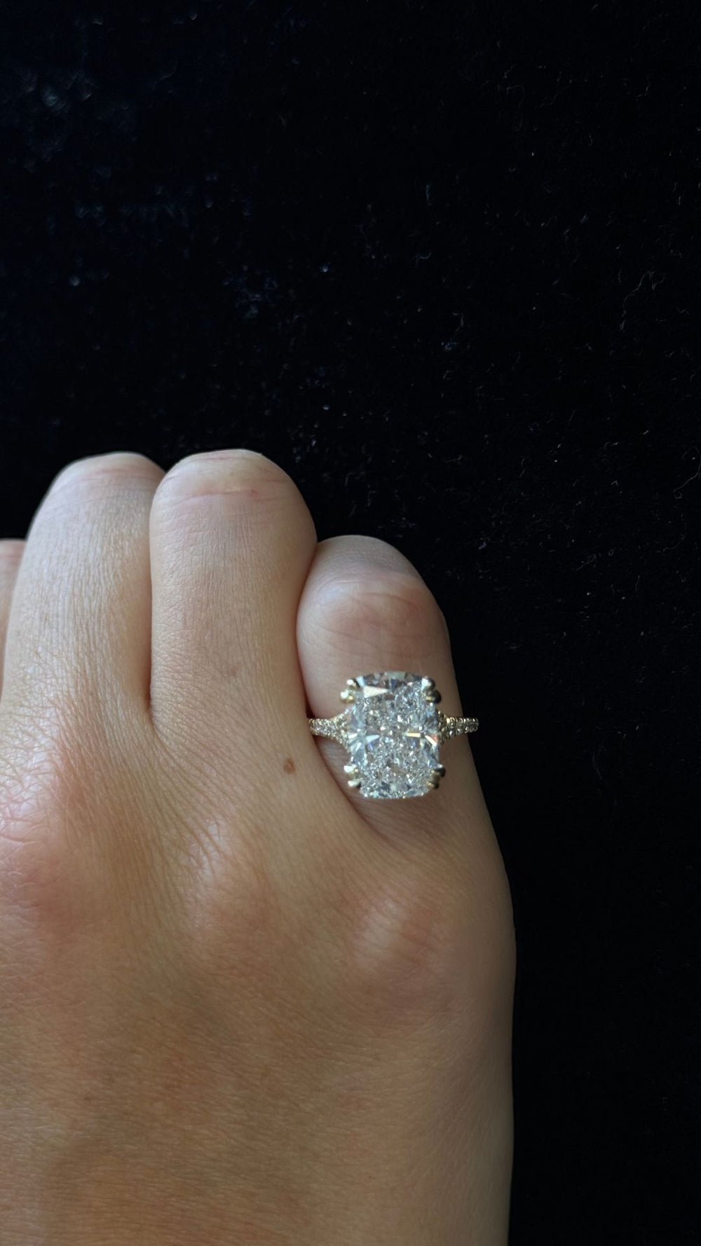 Elongated Cushion Lab-Grown Diamond Engagement Ring with Double Claw Pave Band in 14K White Gold, featuring hidden round sidestones