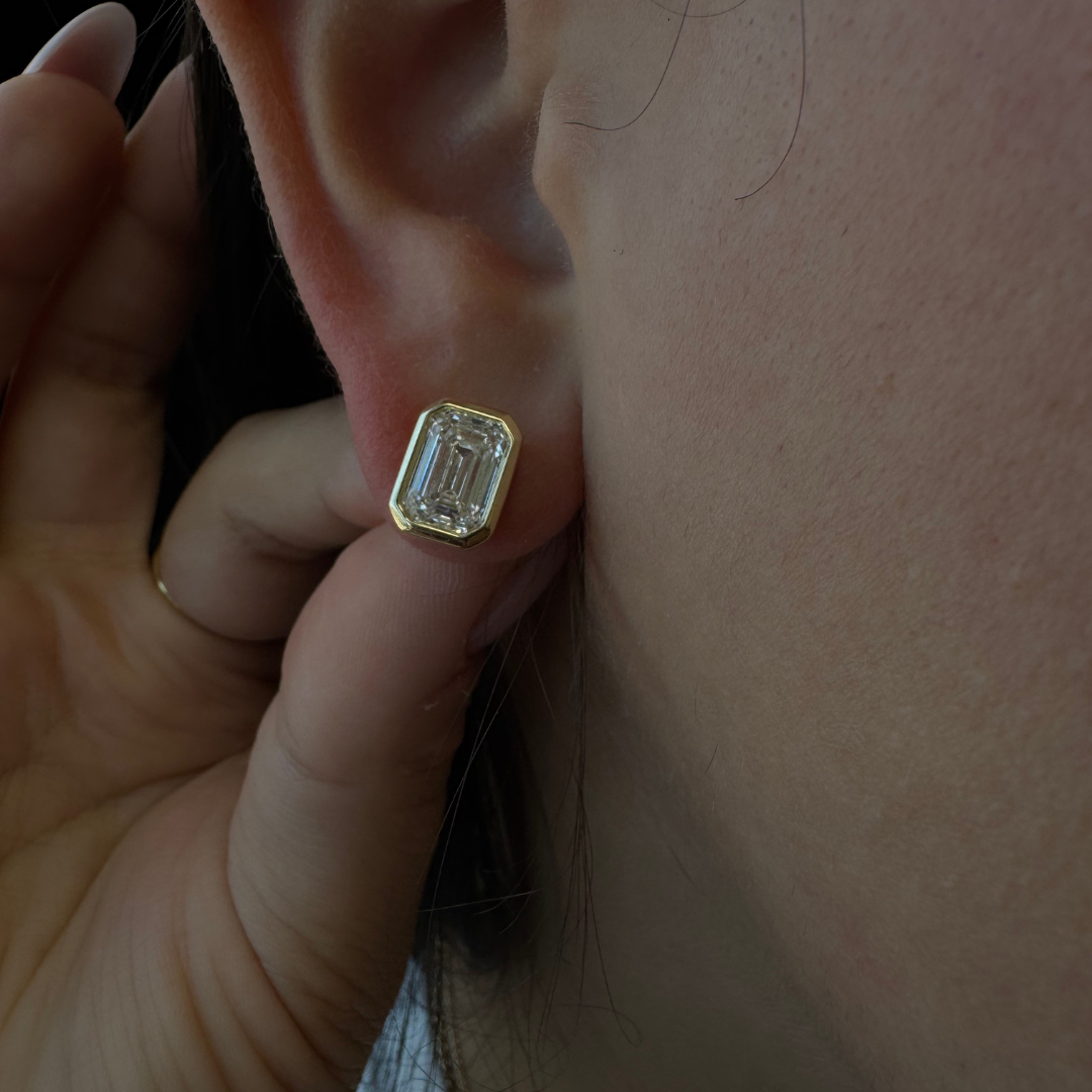 Bezel Set Emerald Shape Lab Grown Diamond Studs