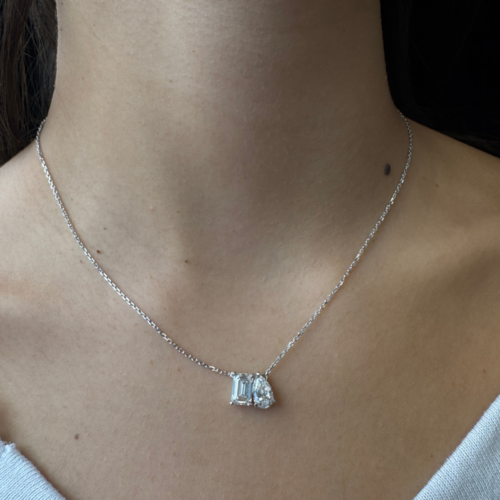 Toi Et Moi Emerald & Pear Shape Lab Grown Diamond Pendant- 2CT-3CT-4CT-6CT-8CT-14K-18K-White Gold