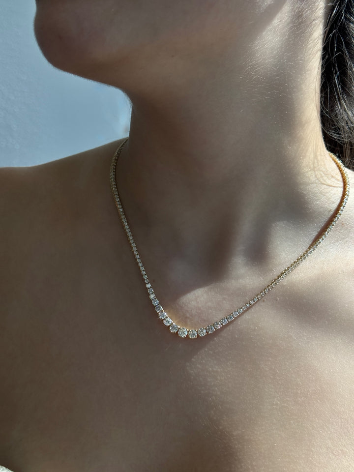 4 Prong Graduated Lab Diamond Tennis Necklace 14K Solid Gold