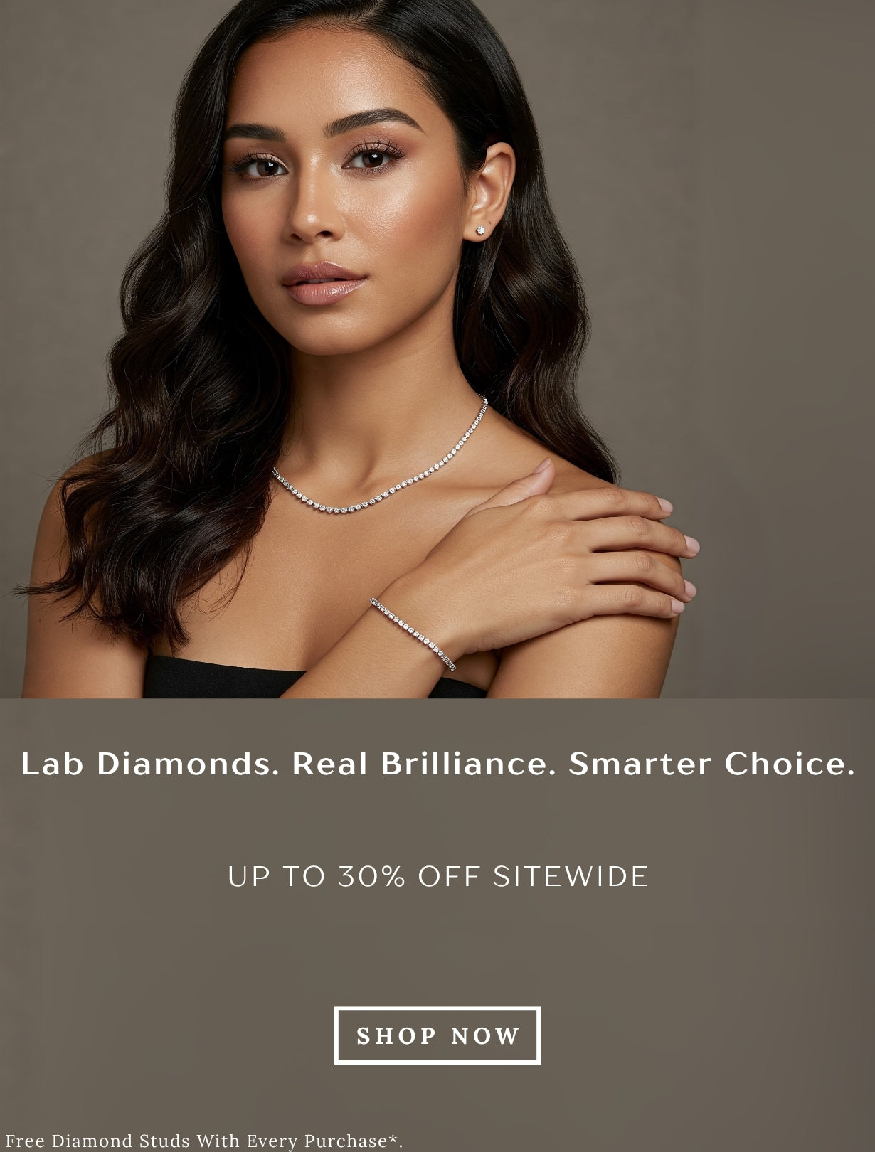 Woman wearing a diamond necklace and bracelet with promotional text about lab diamonds.