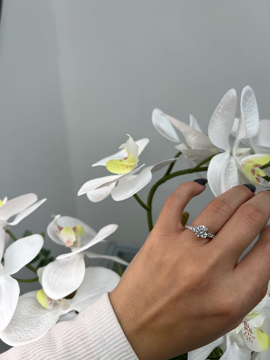 Almere-Round Lab Diamond Engagement Ring, White Gold, Female Hand