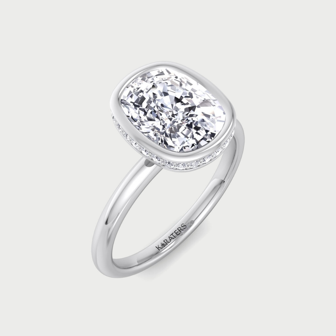 Bezel Set Cushion Cut Lab Grown Diamond Engagement Ring with Hidden Halo Platinum