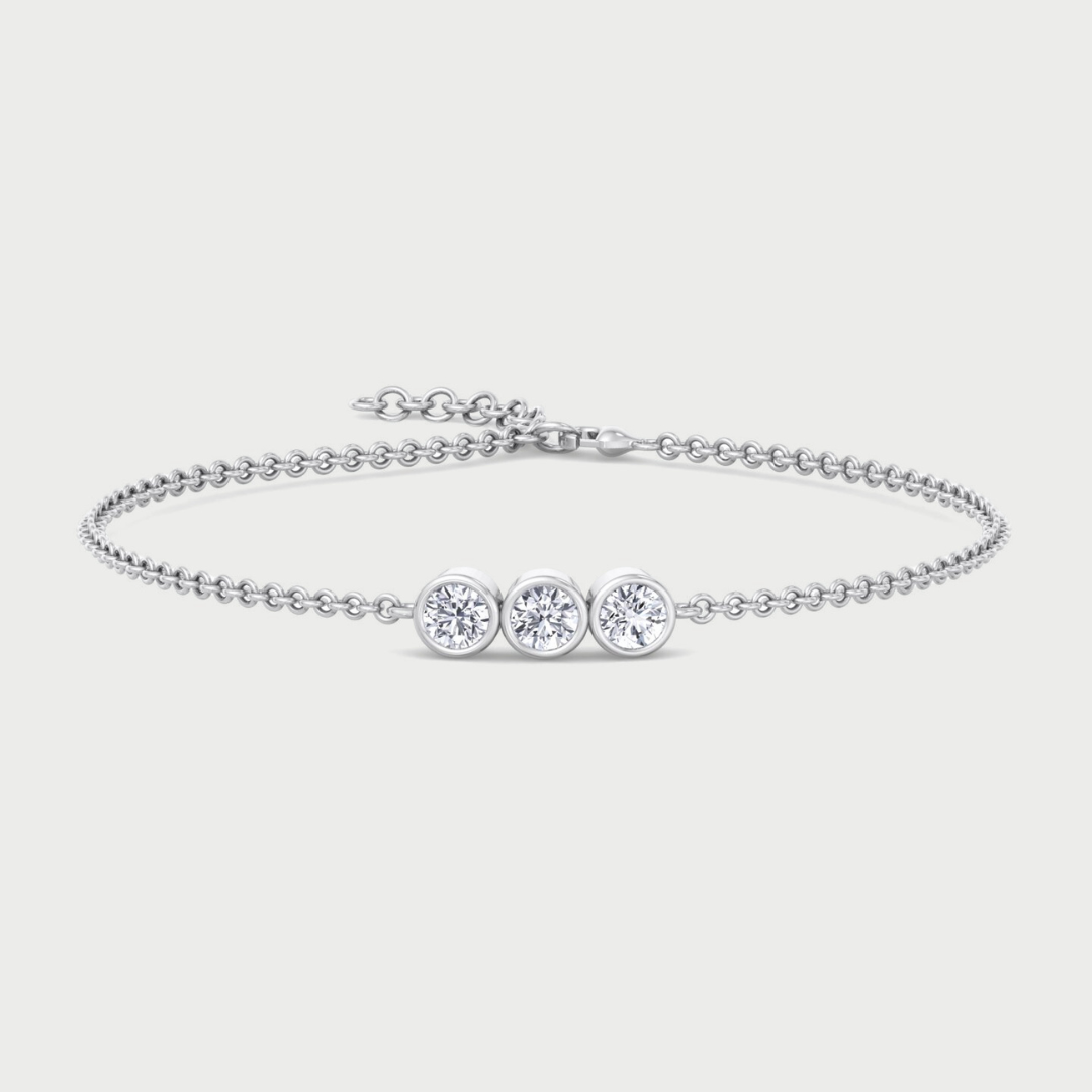 bezel set three-stone lab-grown diamond rolo chain bracelet