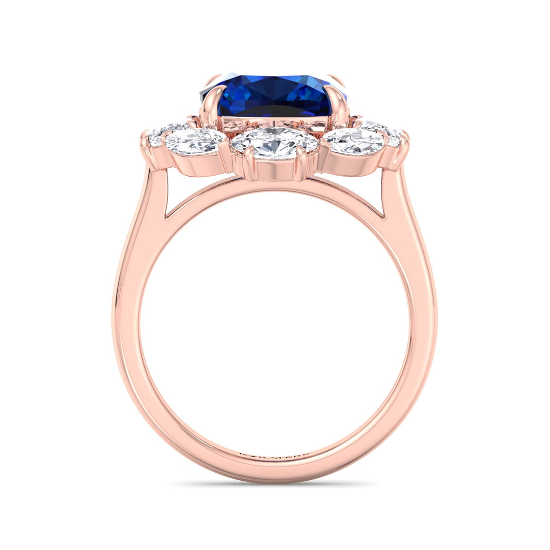 Blue Sapphire Diamond Rose Gold Ring Cushion Cut & Halo