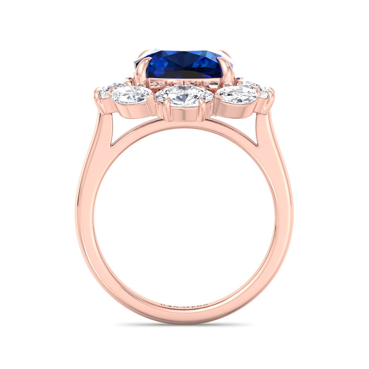 Blue Sapphire Diamond Rose Gold Ring Cushion Cut & Halo