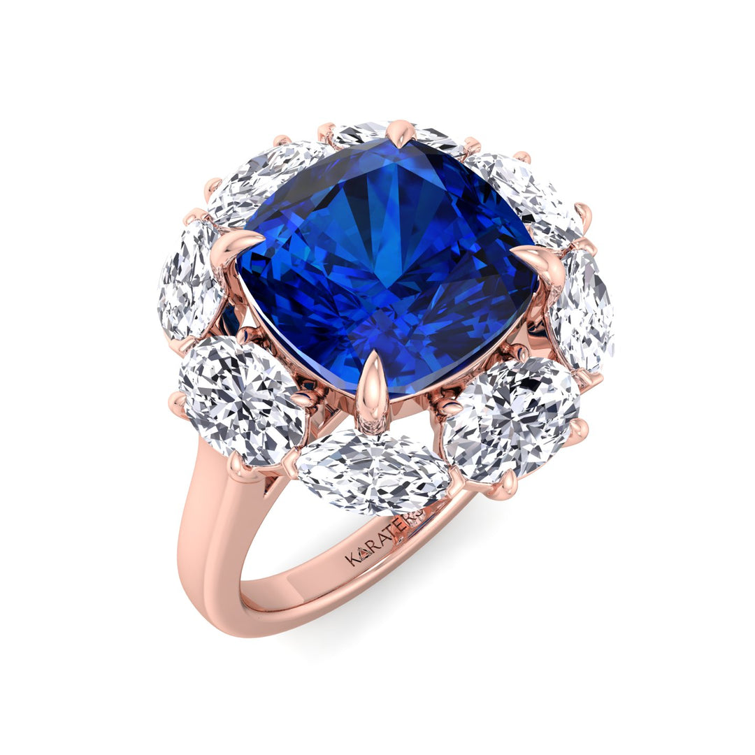 Blue Sapphire Ring Cushion Cut & Lab Diamond Halo Rose