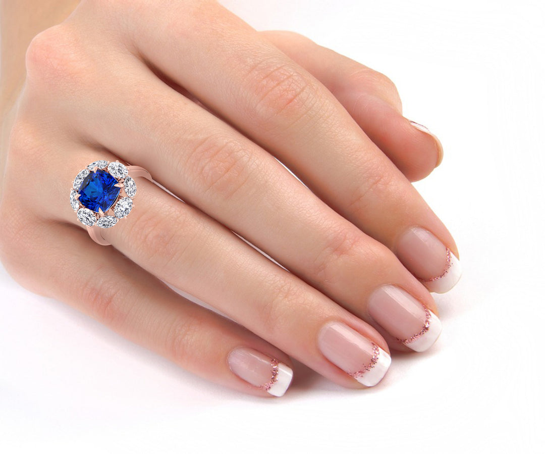 Blue Sapphire Ring Cushion Cut & Lab Diamond Halo Rose Gold