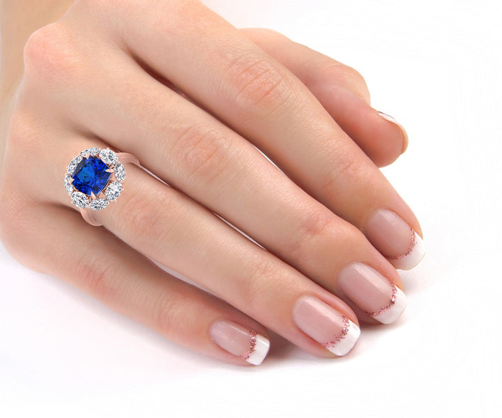Blue Sapphire Ring Cushion Cut & Lab Diamond Halo Rose Gold