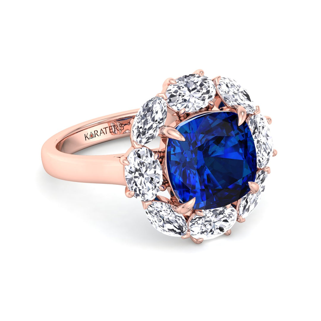 Blue Sapphire Rose Gold Ring Cushion Cut & Lab Diamond Halo