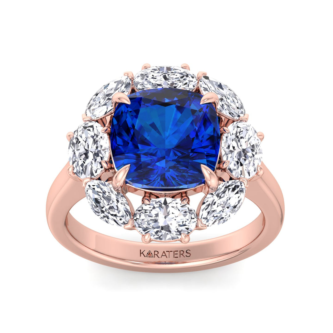 Blue Sapphire  Rose Ring Cushion Cut & Lab Diamond Halo