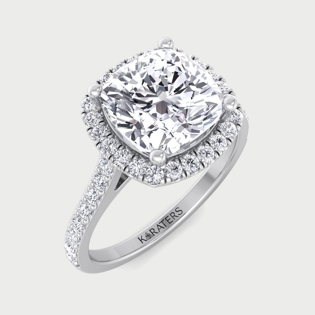 Cushion Cut Halo Lab Grown Diamond Engagement Ring With Thick Pave Band