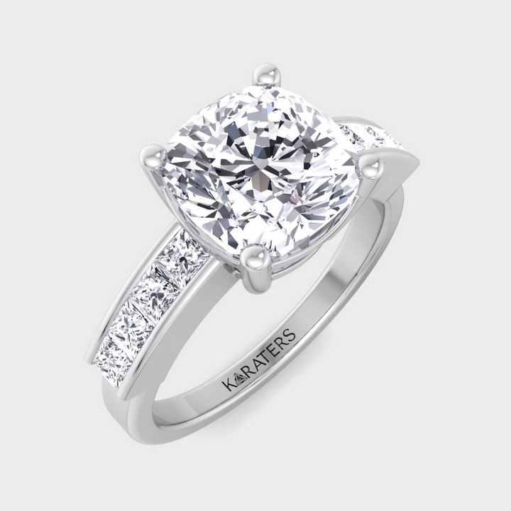 Diamond ring with a clear gemstone on a light gray background