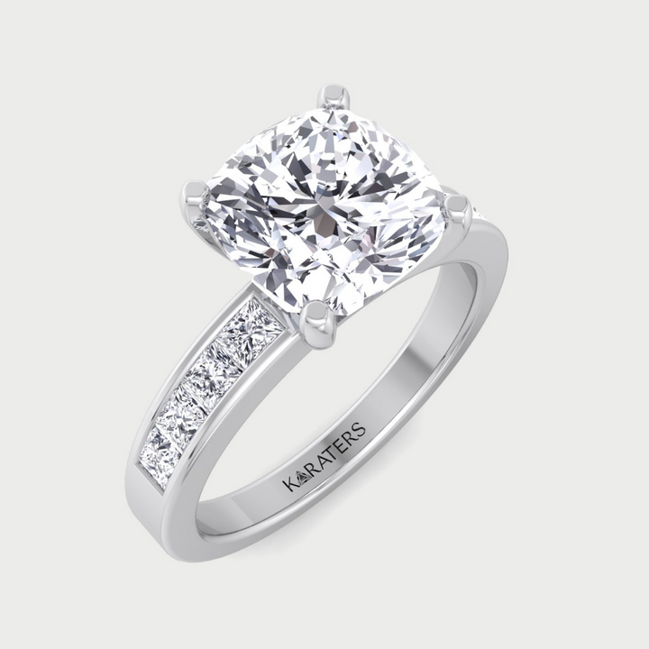 The Koralle cushion cut lab-grown diamond engagement ring with princess cut side stones, 1 CT center, 14K white gold, F color, VS1 clarity