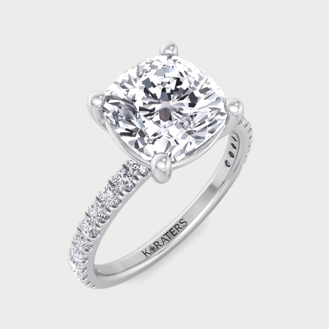 The Zeder cushion cut lab-grown diamond engagement ring with side stones, 1CT 14K white gold