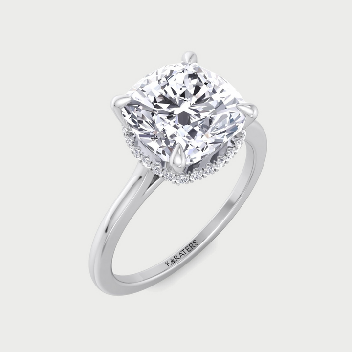 cushion cut lab-grown diamond solitaire engagement ring with hidden halo