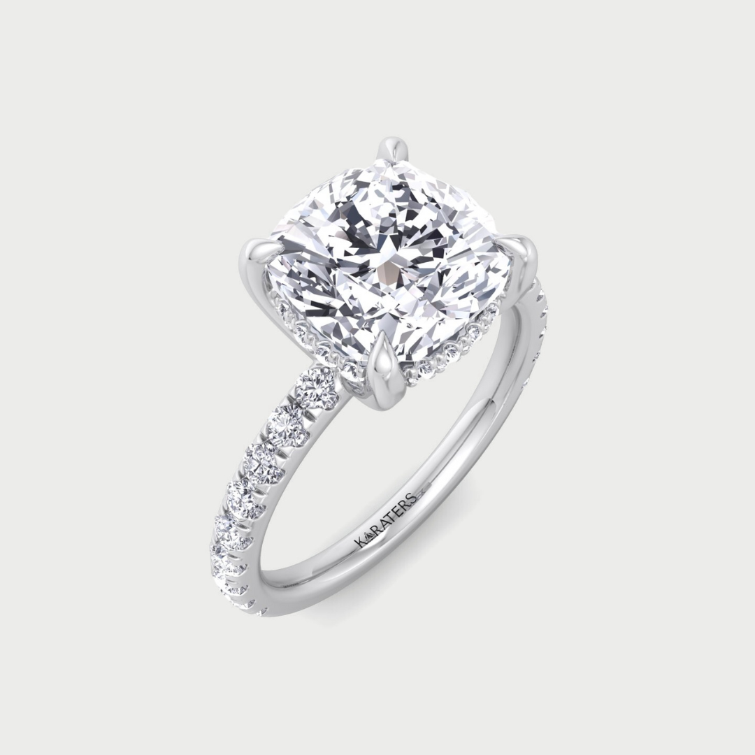 Cushion Cut Lab Grown Diamond Engagement Ring with Sidestones and Hidden Halo