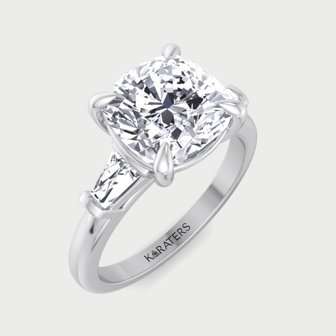 Cushion cut lab grown diamond engagement ring with baguette side stones