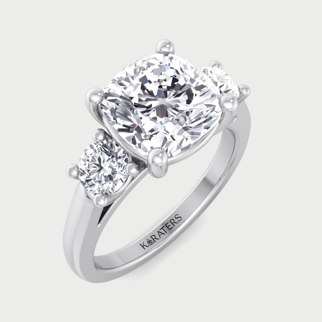 cushion cut solitaire lab-grown diamond engagement ring with round side stones