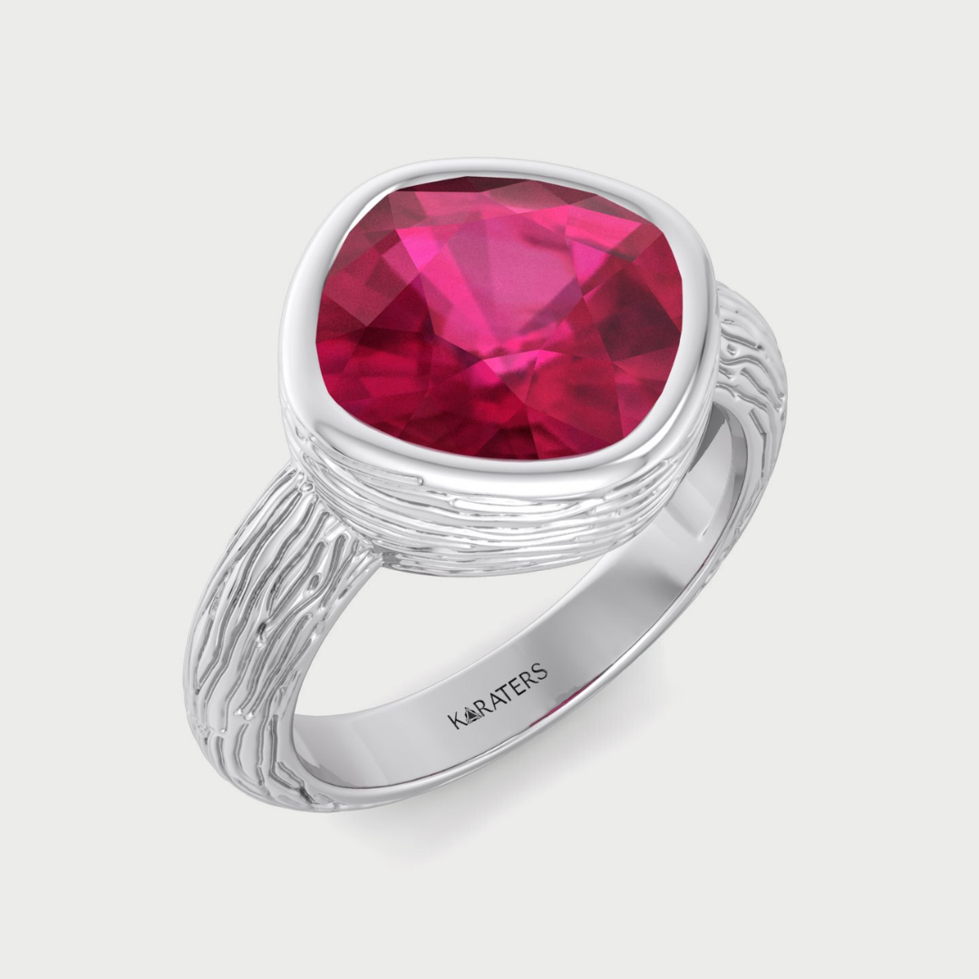 Cushion cut solitaire lab grown ruby engagement ring in 14K white gold