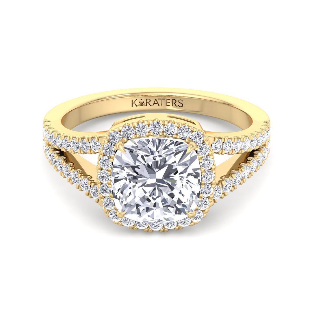 Cushion Lab Diamond Halo Ring Split Pave Band Yellow Gold