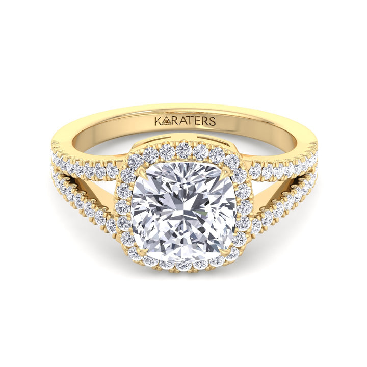 Cushion Lab Diamond Halo Ring Split Pave Band Yellow Gold