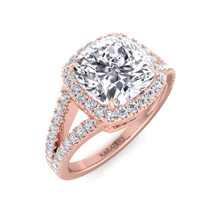 Cushion Lab Diamond Halo Ring Split Pave Rose Gold Band
