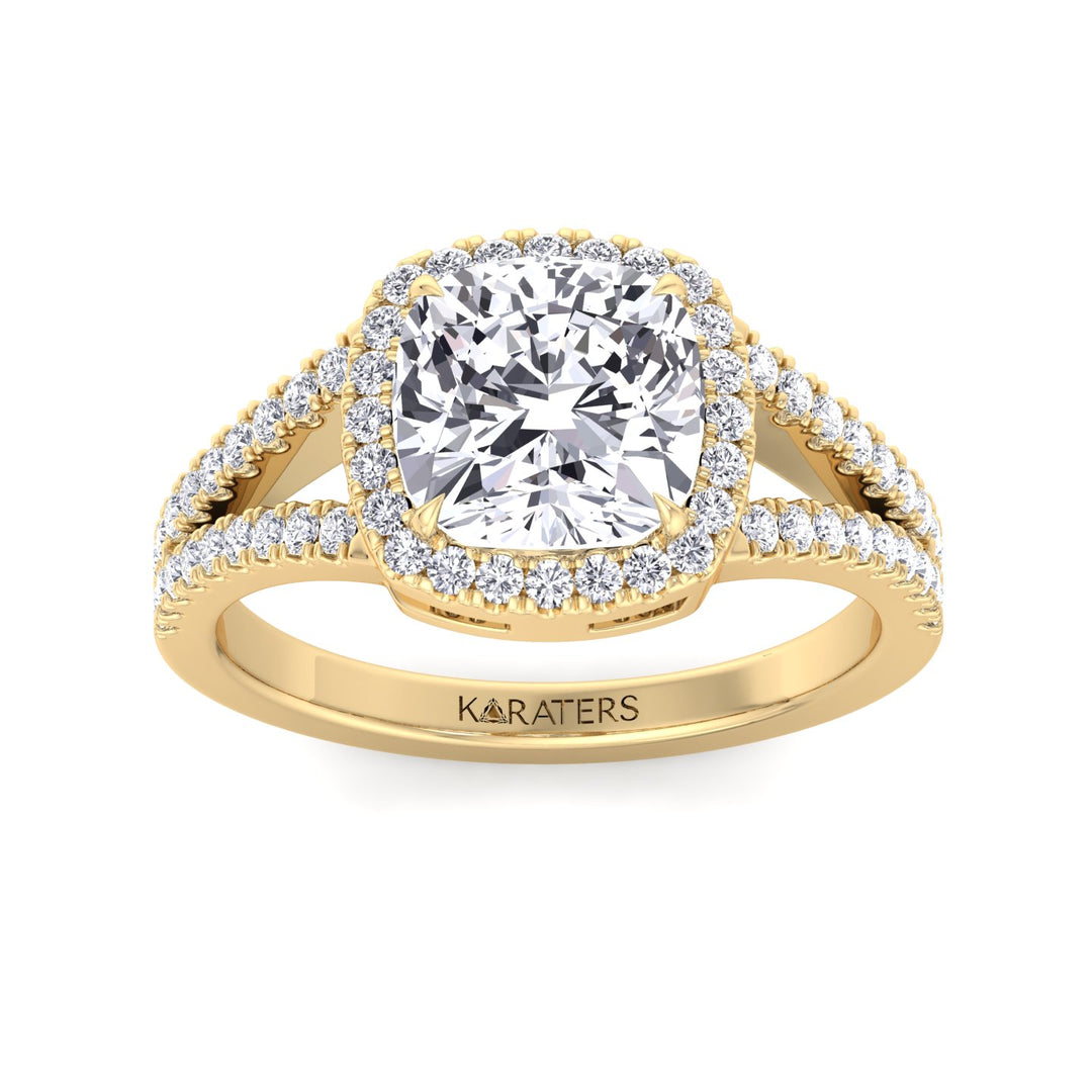 Cushion Lab Diamond Halo Ring Split Pave Yellow Gold
