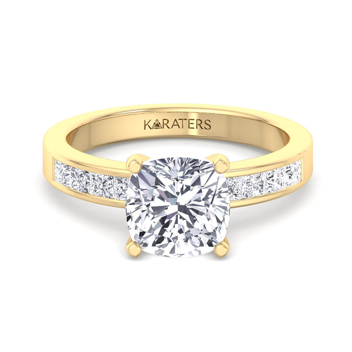 Cushion Lab Diamond Ring Princess SideStones Yellow Gold
