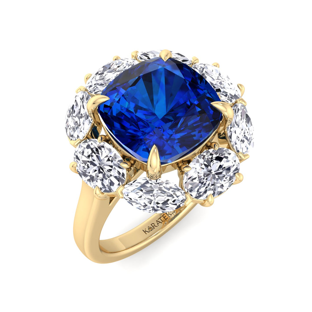 Cushion Sapphire Yellow Gold Ring Marquise & Oval Lab Diamond