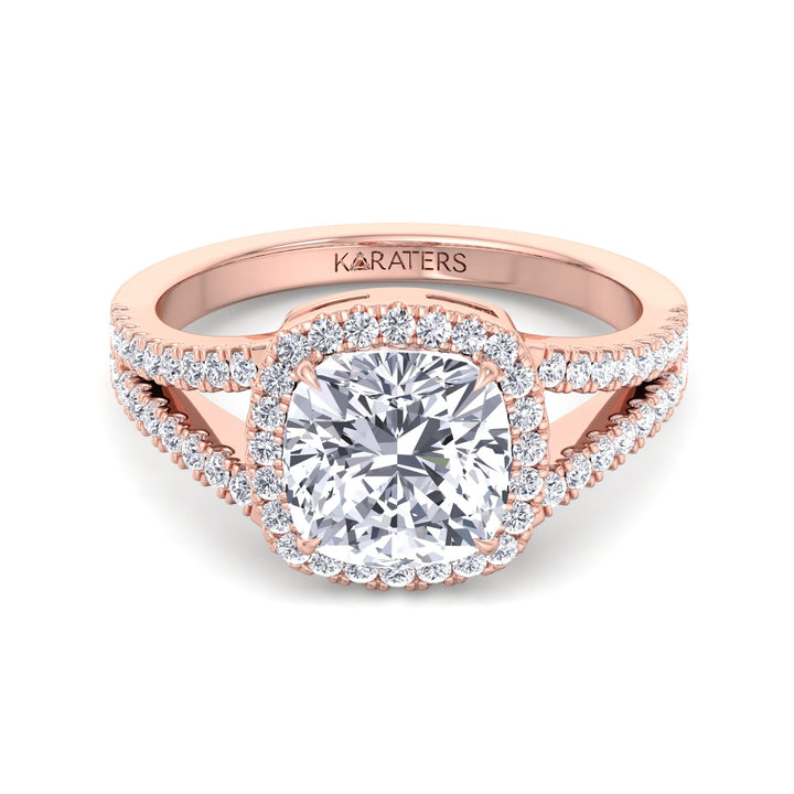 Cushion cut Lab Diamond Halo Ring Split Pave Rose Band