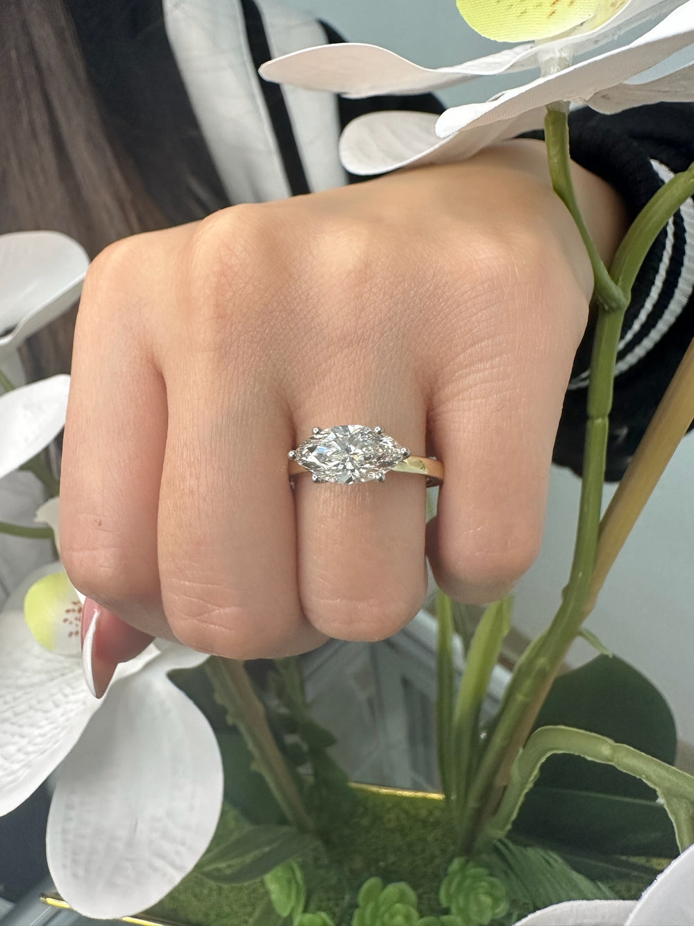 Echter-Marquise Cut Lab Yellow Gold Diamond Engagement Ring, Hand, Front