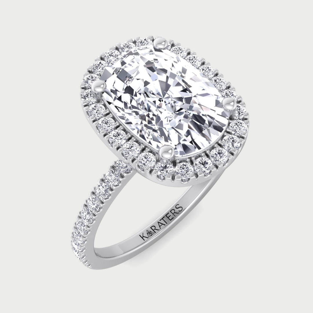 Elongated cushion cut halo lab-grown diamond engagement ring with side stones