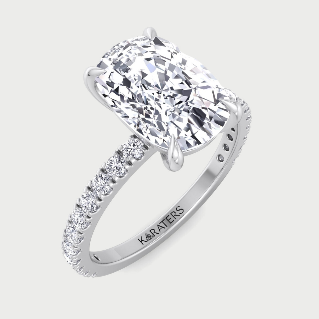 Elongated cushion cut lab-grown diamond engagement ring with sidestones, 1CT, set in 14K white gold.