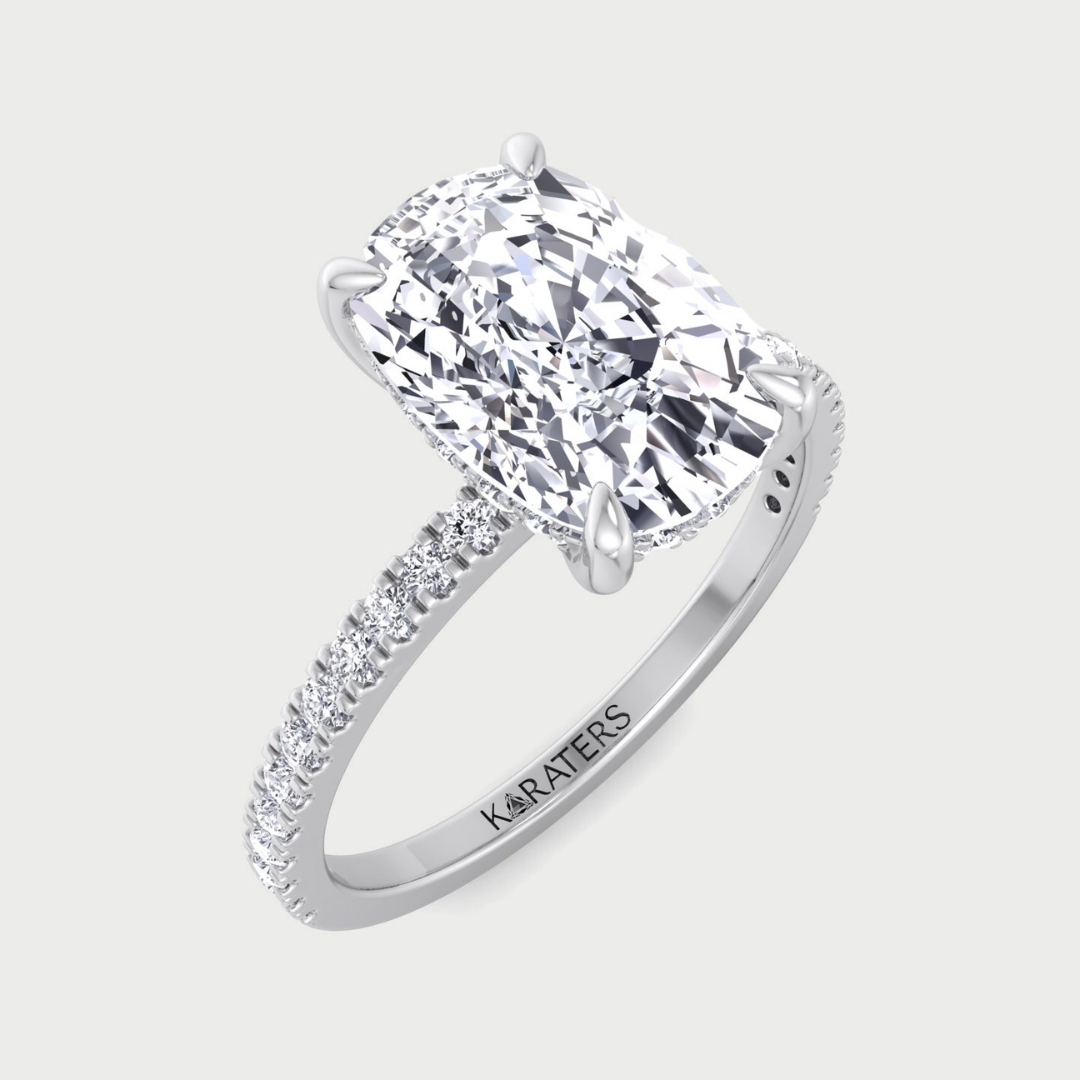elongated cushion cut lab-grown diamond engagement ring with side stones and hidden halo
