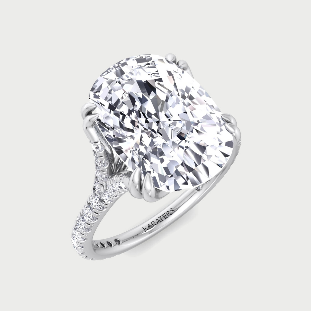 elongated cushion shape lab-grown diamond engagement ring with double claw and pave band