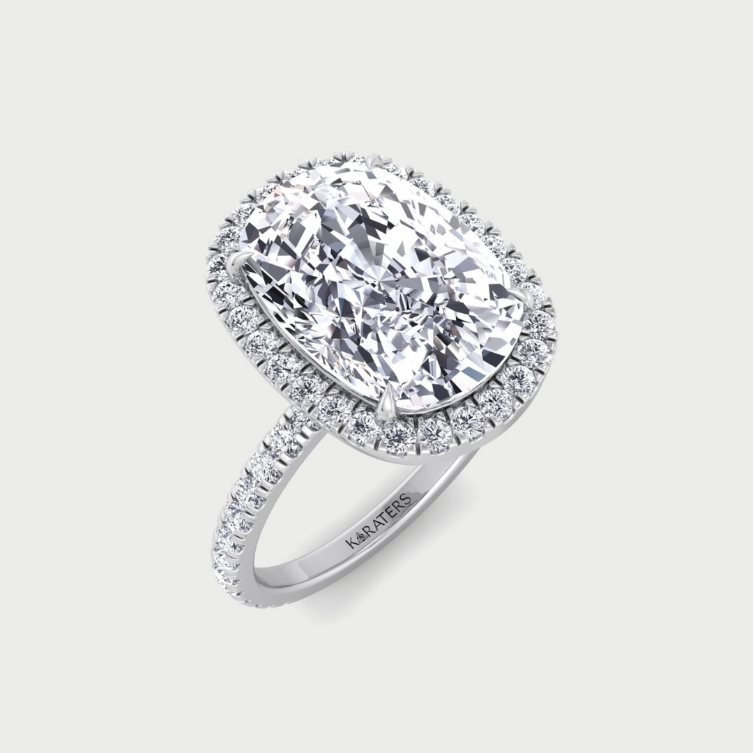Elongated cushion halo lab-grown diamond engagement ring with round side stones
