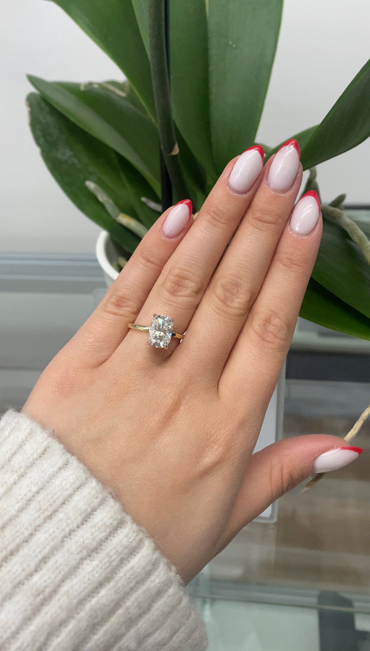 Elongated Cushion Solitaire Lab Diamond Ring 2 carat, Female Hand