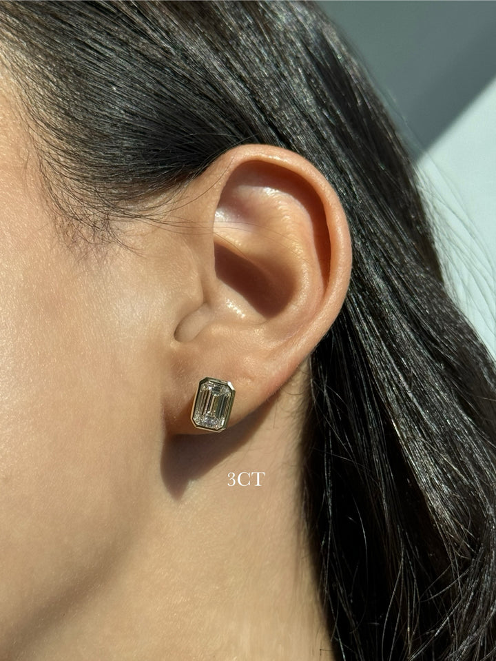 3CT Bezel Set Emerald Shape Lab Grown Diamond Studs