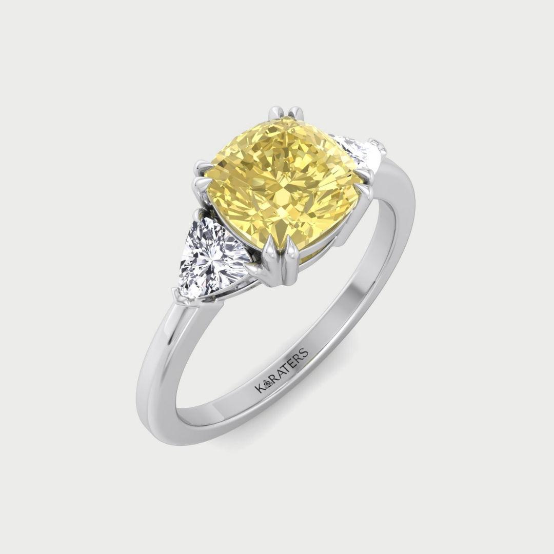 Fancy Yellow Cushion Cut Lab Grown Diamond Engagement Ring with Trillion Sidestones