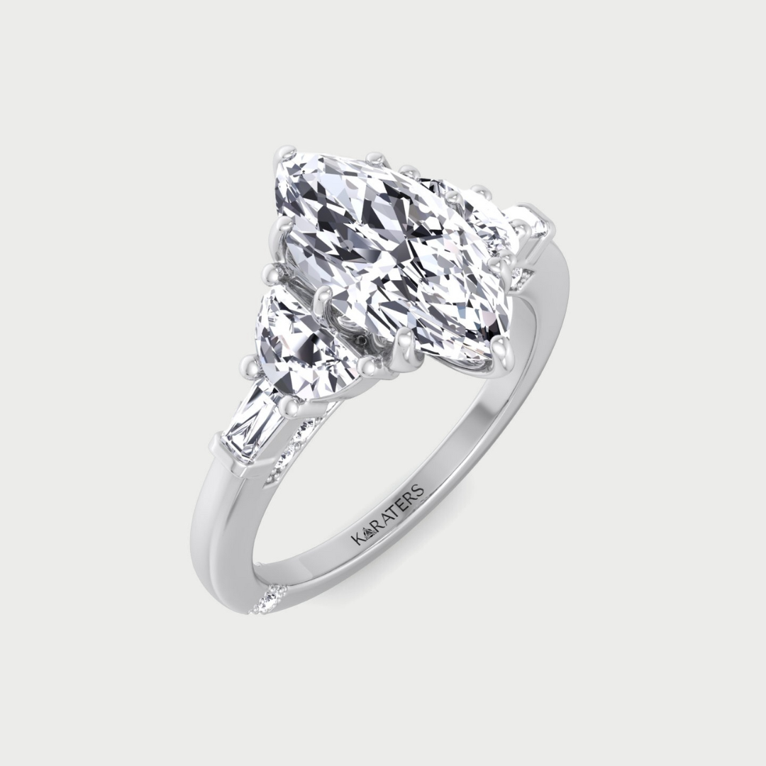 Marquise Shape Lab Grown Diamond Engagement Ring with Half Moon and Tapered Baguette Sidestones Platinum