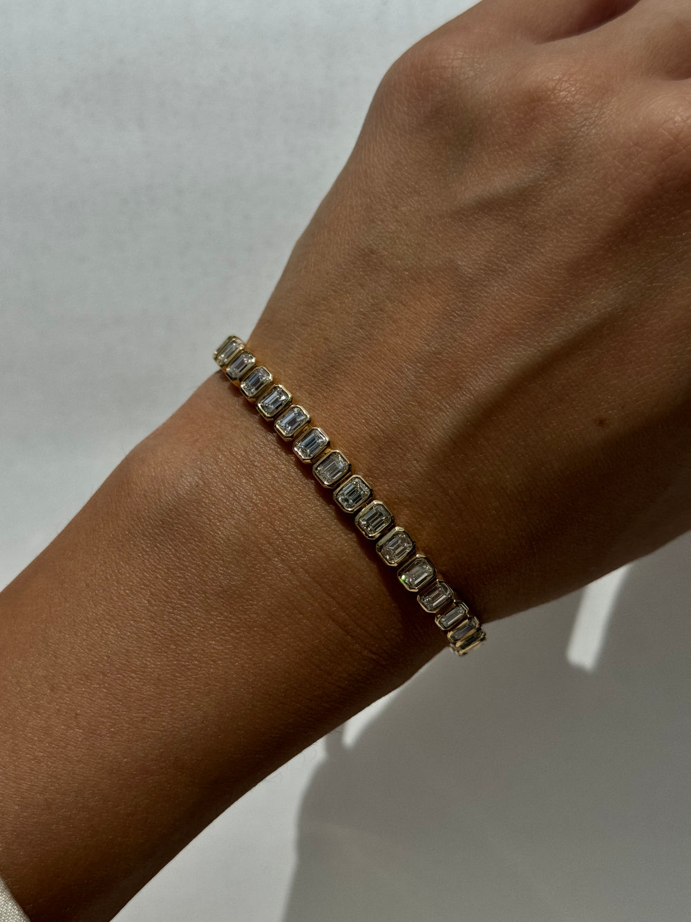Bezel Set Emerald Shape Lab Grown Diamond Tennis Bracelet 14K Solid Gold Yellow