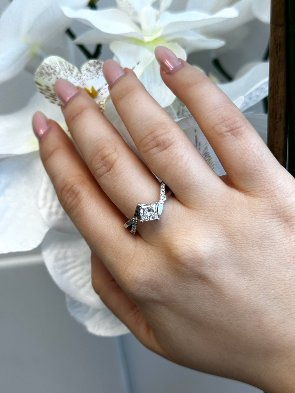 Princess cut 1CT lab-grown diamond engagement ring with wrap detail side stones, 14K yellow gold.