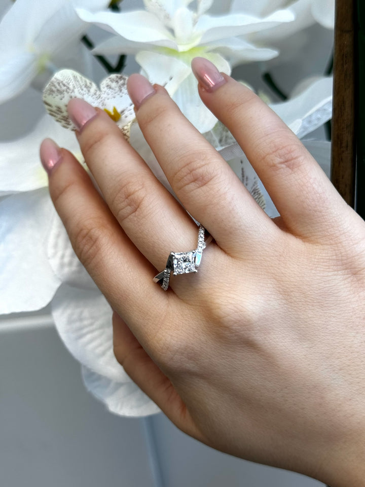 Princess cut 1CT lab-grown diamond engagement ring with wrap detail side stones, 14K yellow gold.