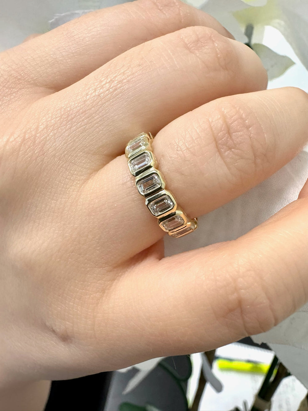 Bezel Set Emerald Shape Lab Grown Diamond Eternity Band 14K